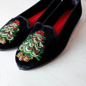Cute Christmas Tree Black Velvet Flats 🎄